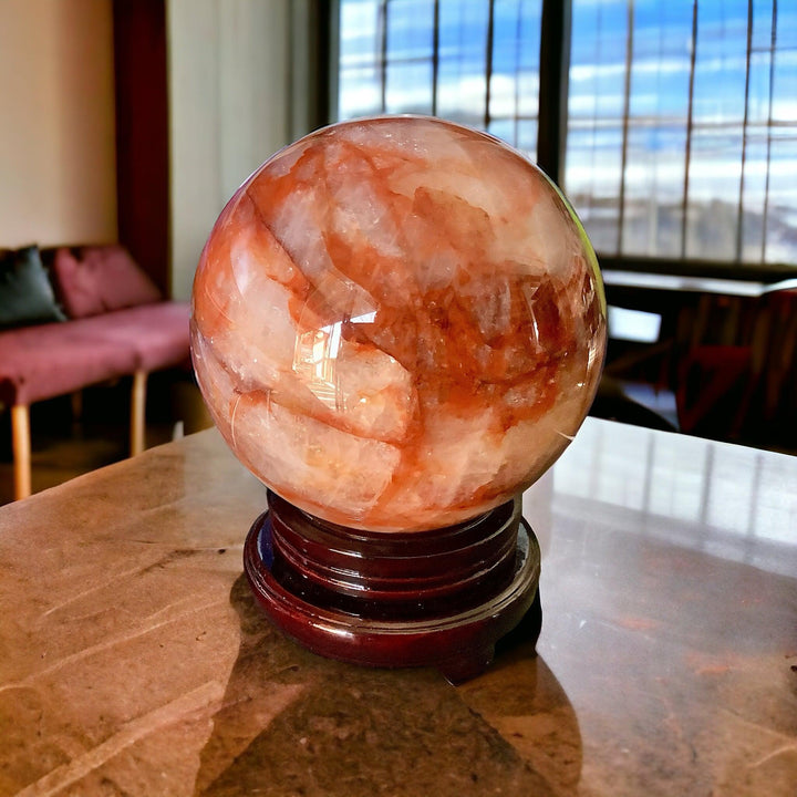 Huge 15.3 Lbs Hematoid “Fire” Quartz Sphere with Stand