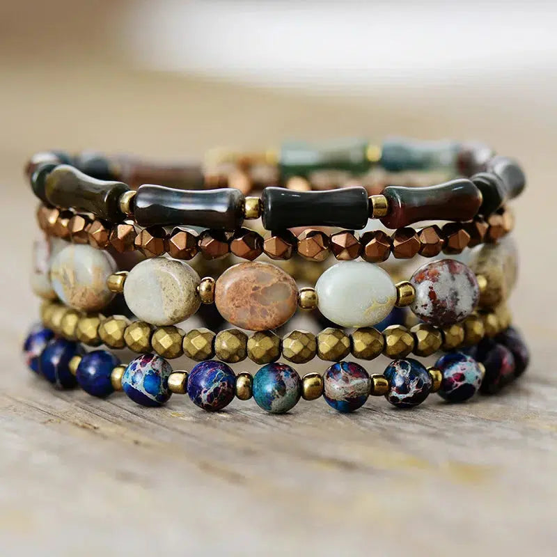 Jasper, Bamboo, Onyx, Beads Multi-Strand Bracelet