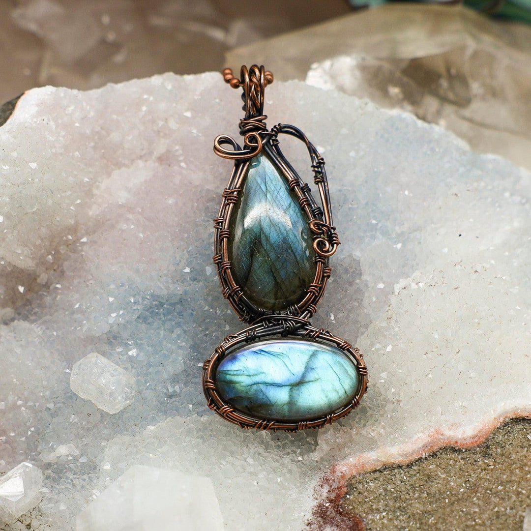 Labradorite 2 Crystal "Flashy" Wire Wrap Pendant - 3"