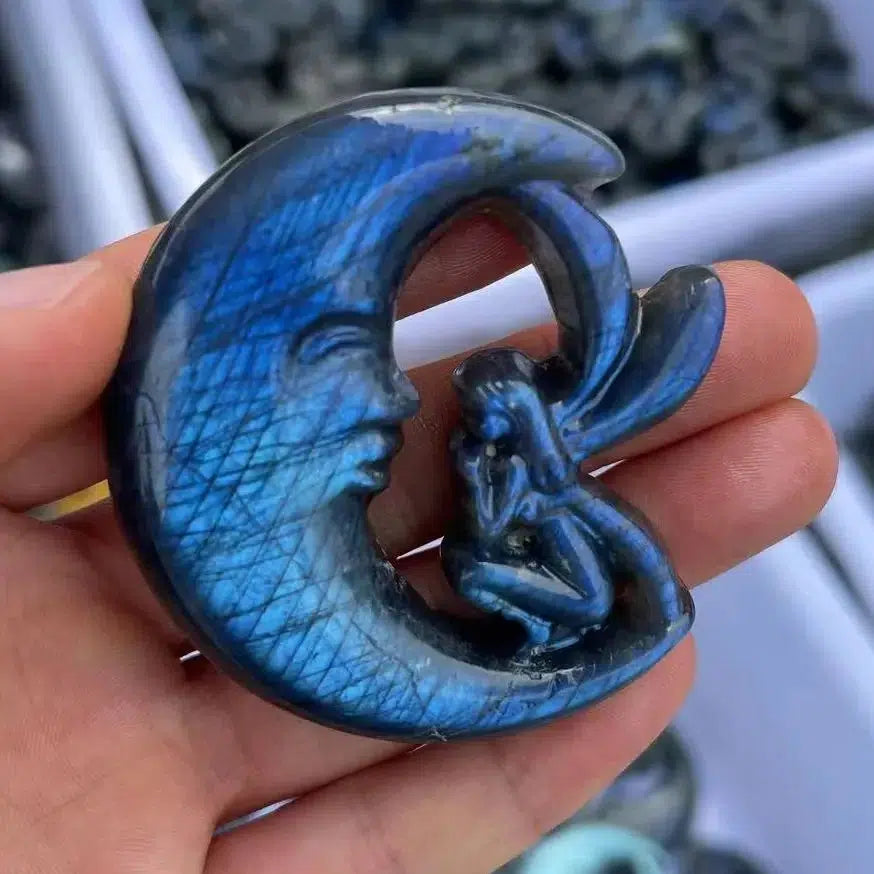 Labradorite Crystal Moon and Angel Carving