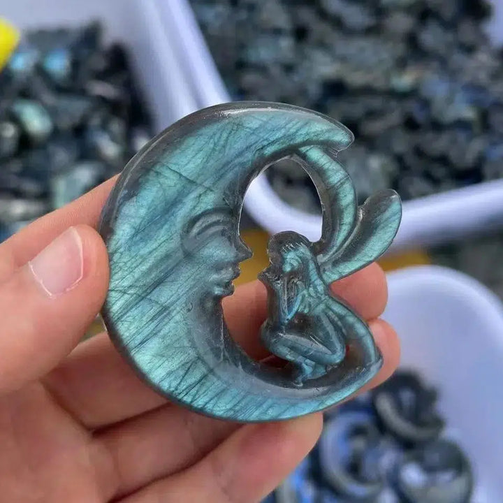 Labradorite Crystal Moon and Angel Carving