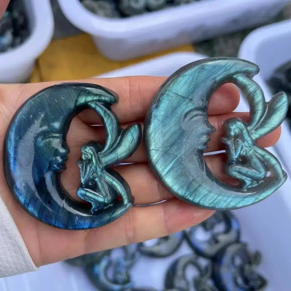 Labradorite Crystal Moon and Angel Carving