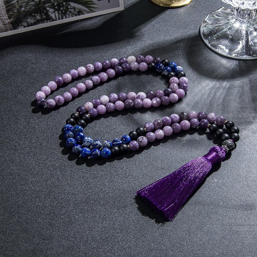 Lapis Lazuli And Purple Mica Lepidolite 108 Bead Mala Necklace or Set