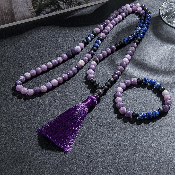 Lapis Lazuli And Purple Mica Lepidolite 108 Bead Mala Necklace or Set