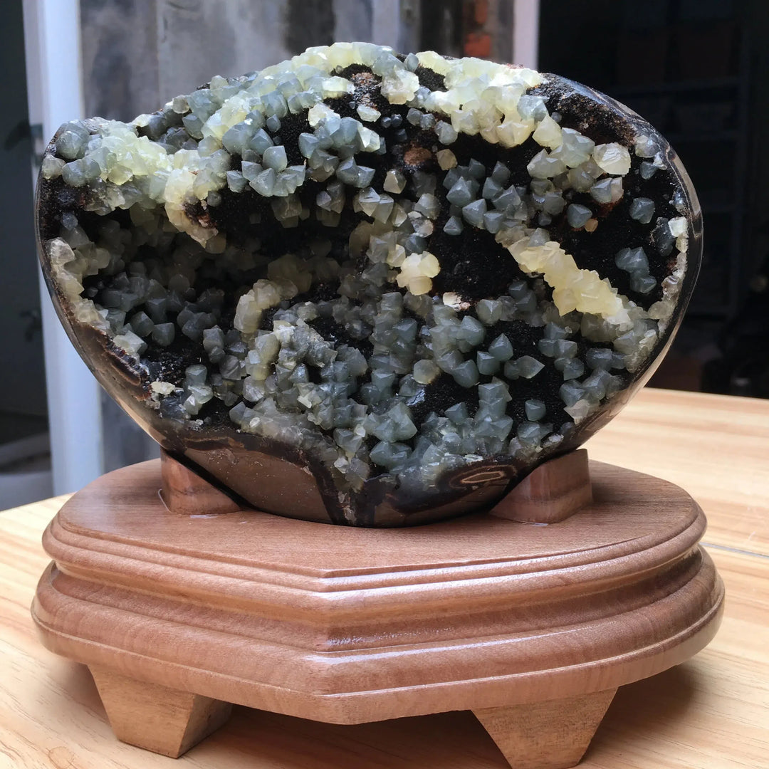 Large Natural Septarian Geode Druzy Crystal Heart + Custom Wood Holder