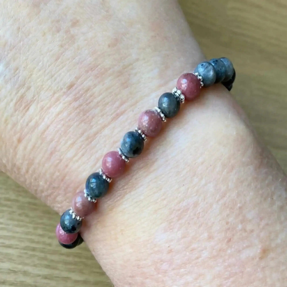 Larvikite and Rhodonite Crystal 6mm Beaded Bracelet