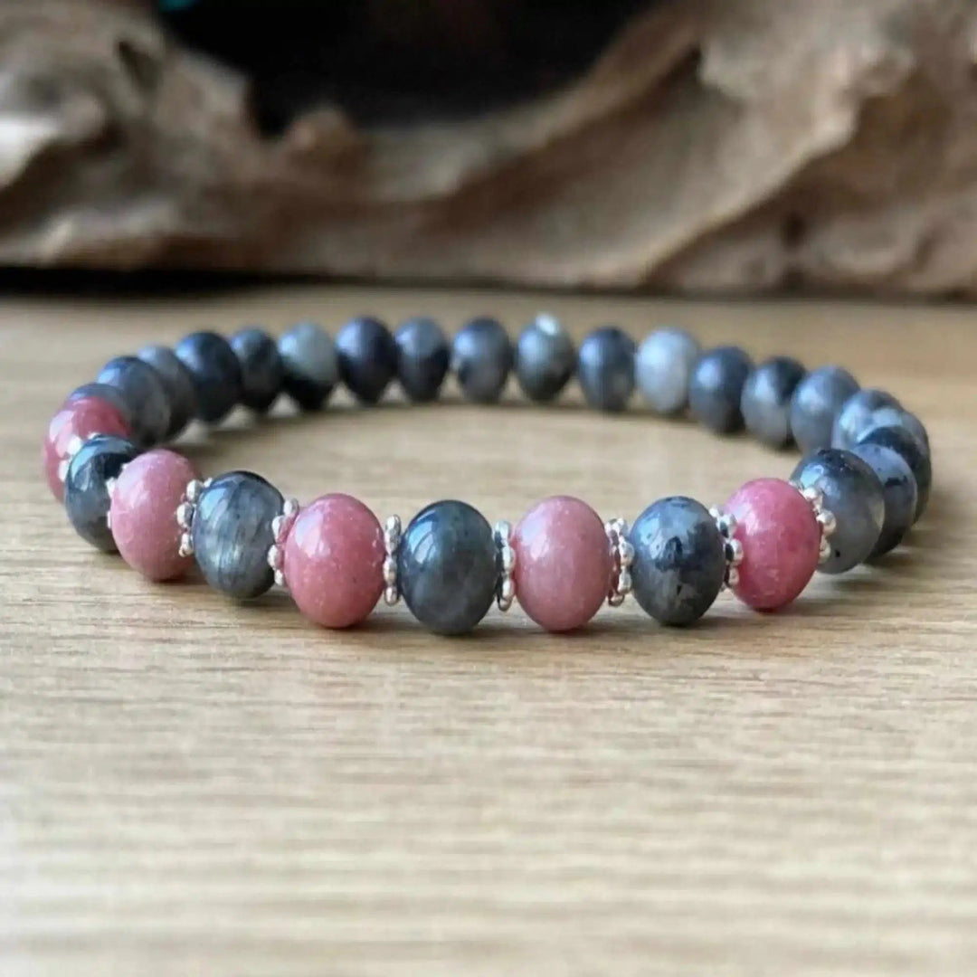 Larvikite and Rhodonite Crystal 6mm Beaded Bracelet