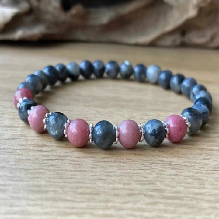 Larvikite and Rhodonite Crystal 6mm Beaded Bracelet