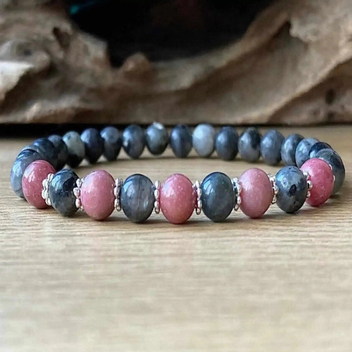 Larvikite and Rhodonite Crystal 6mm Beaded Bracelet