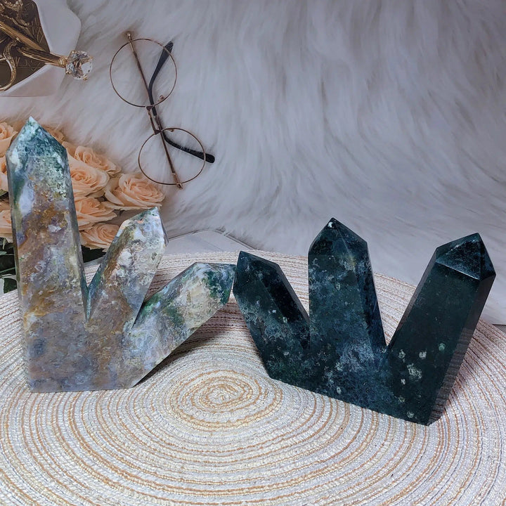 Moss Agate 3 Point Druzy Tower