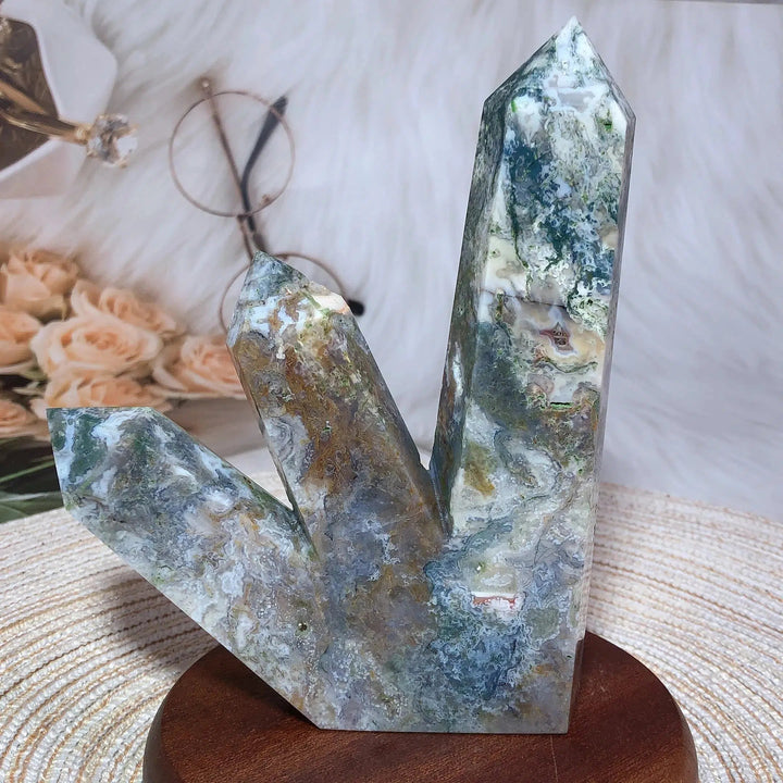 Moss Agate 3 Point Druzy Tower