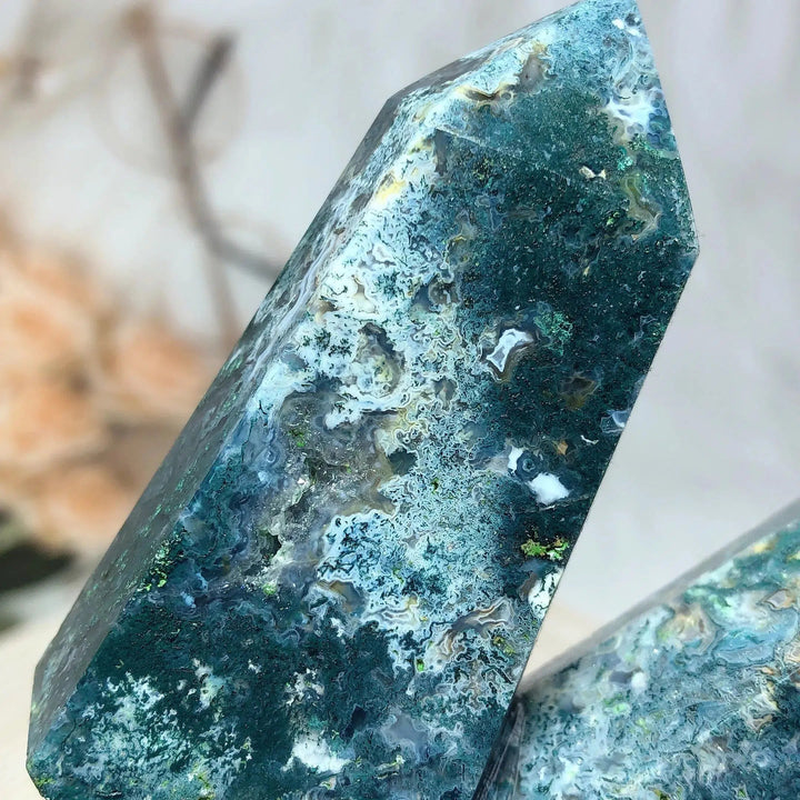 Moss Agate 3 Point Druzy Tower