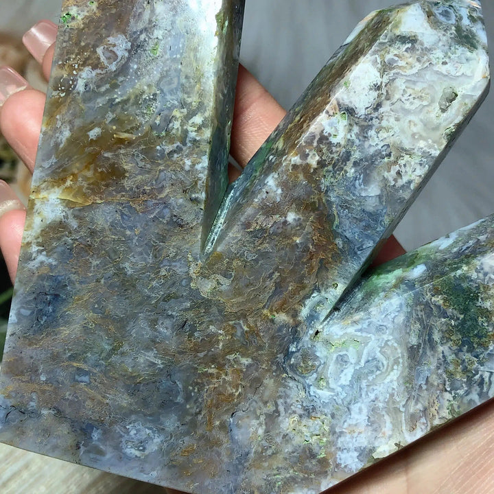 Moss Agate 3 Point Druzy Tower