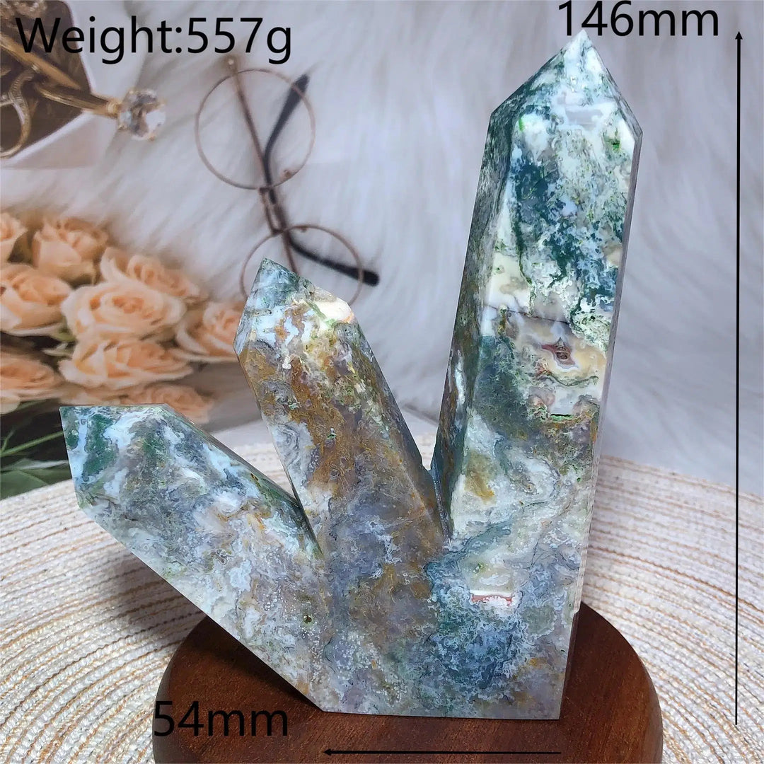 Moss Agate 3 Point Druzy Tower