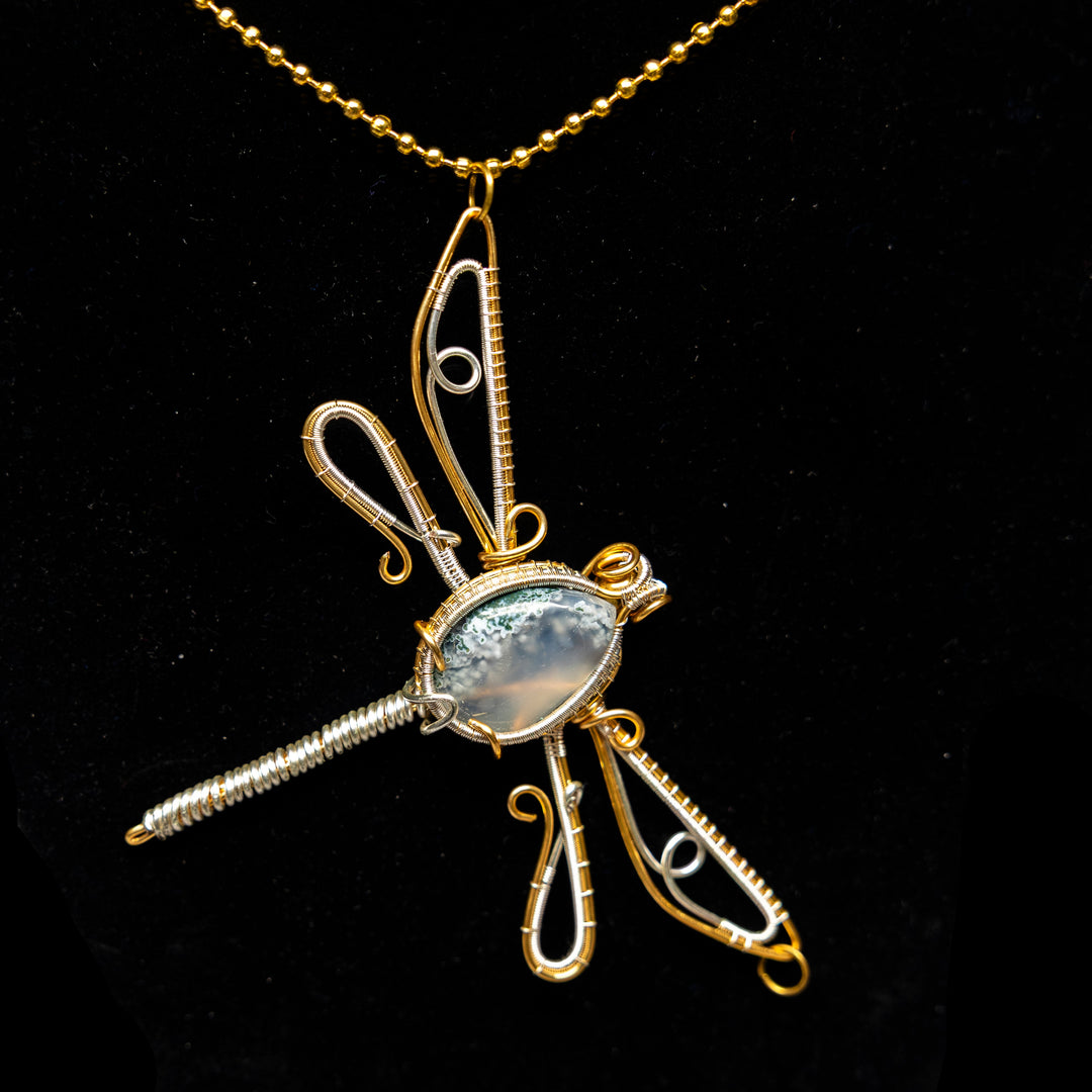 Moss Agate "Dragonfly" Wire Wrap Crystal Pendant