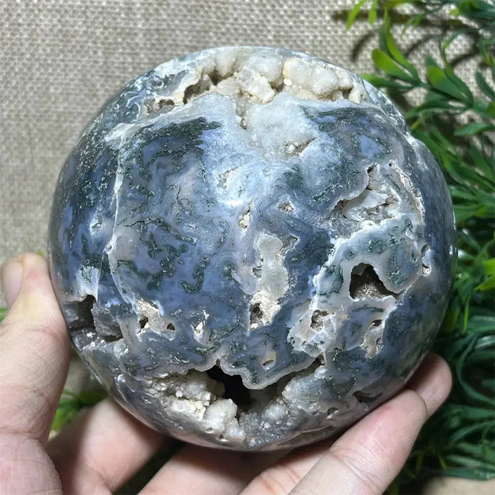 Moss Agate Druzy Sphere + Stand