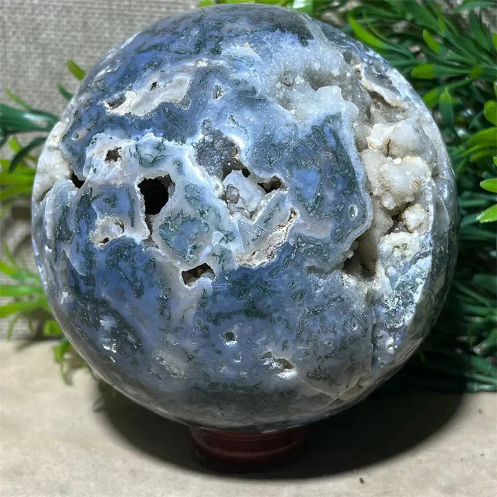 Moss Agate Druzy Sphere + Stand