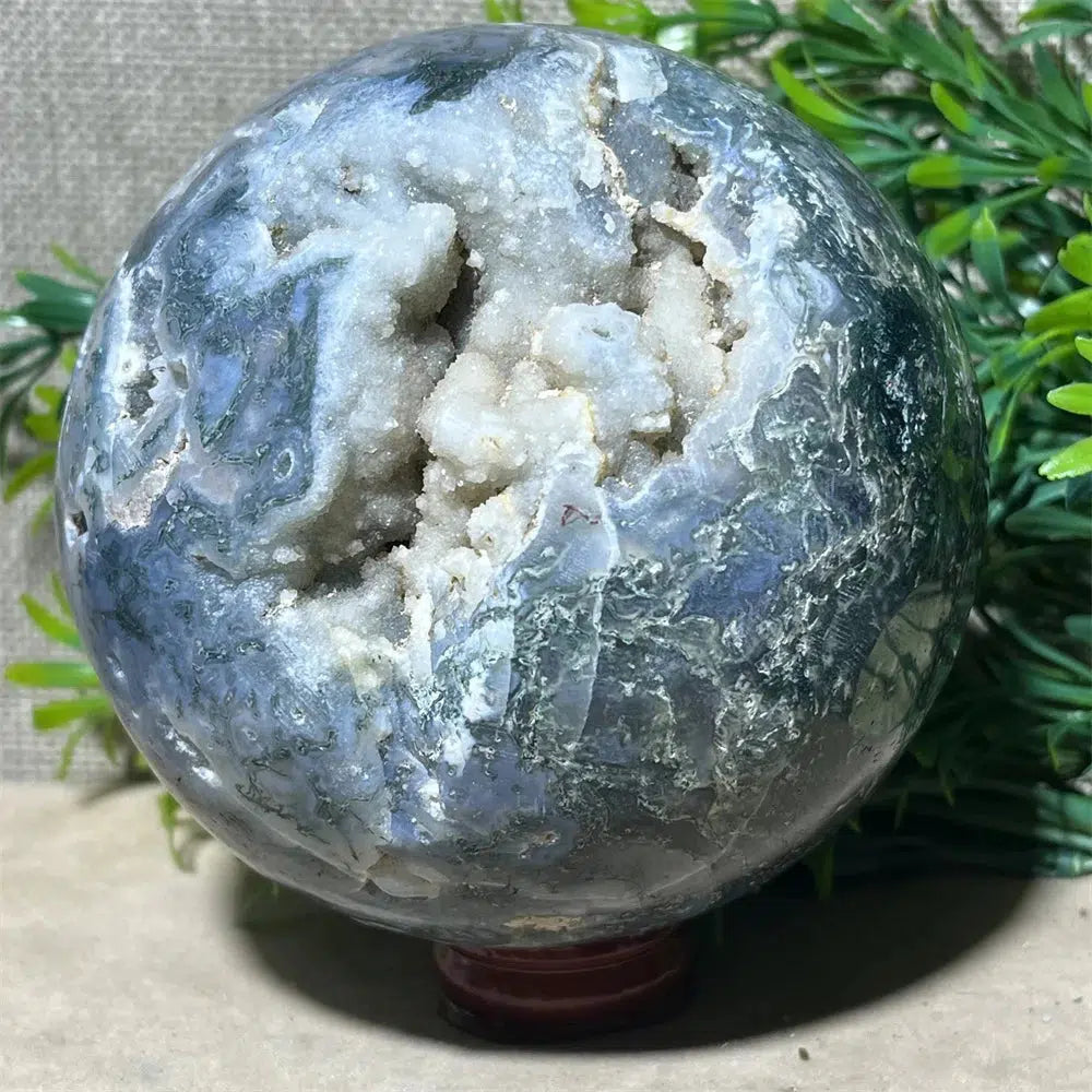 Moss Agate Druzy Sphere + Stand