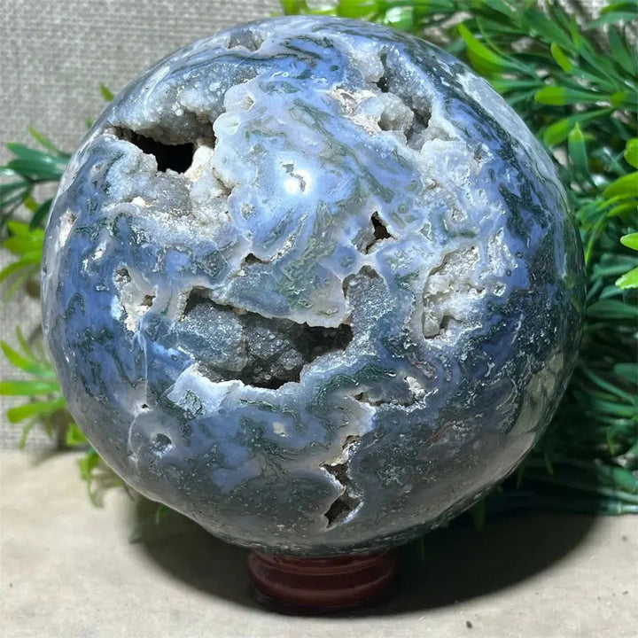 Moss Agate Druzy Sphere + Stand