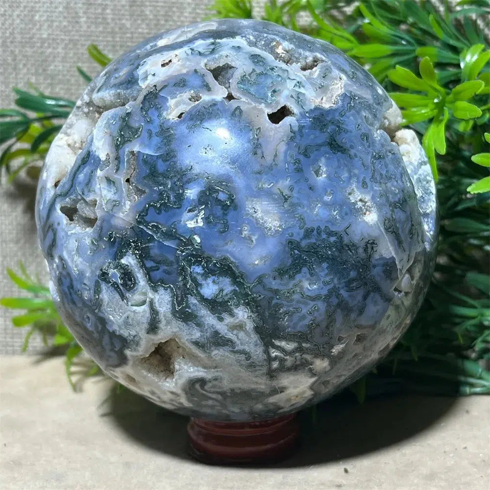 Moss Agate Druzy Sphere + Stand