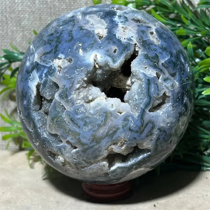 Moss Agate Druzy Sphere + Stand