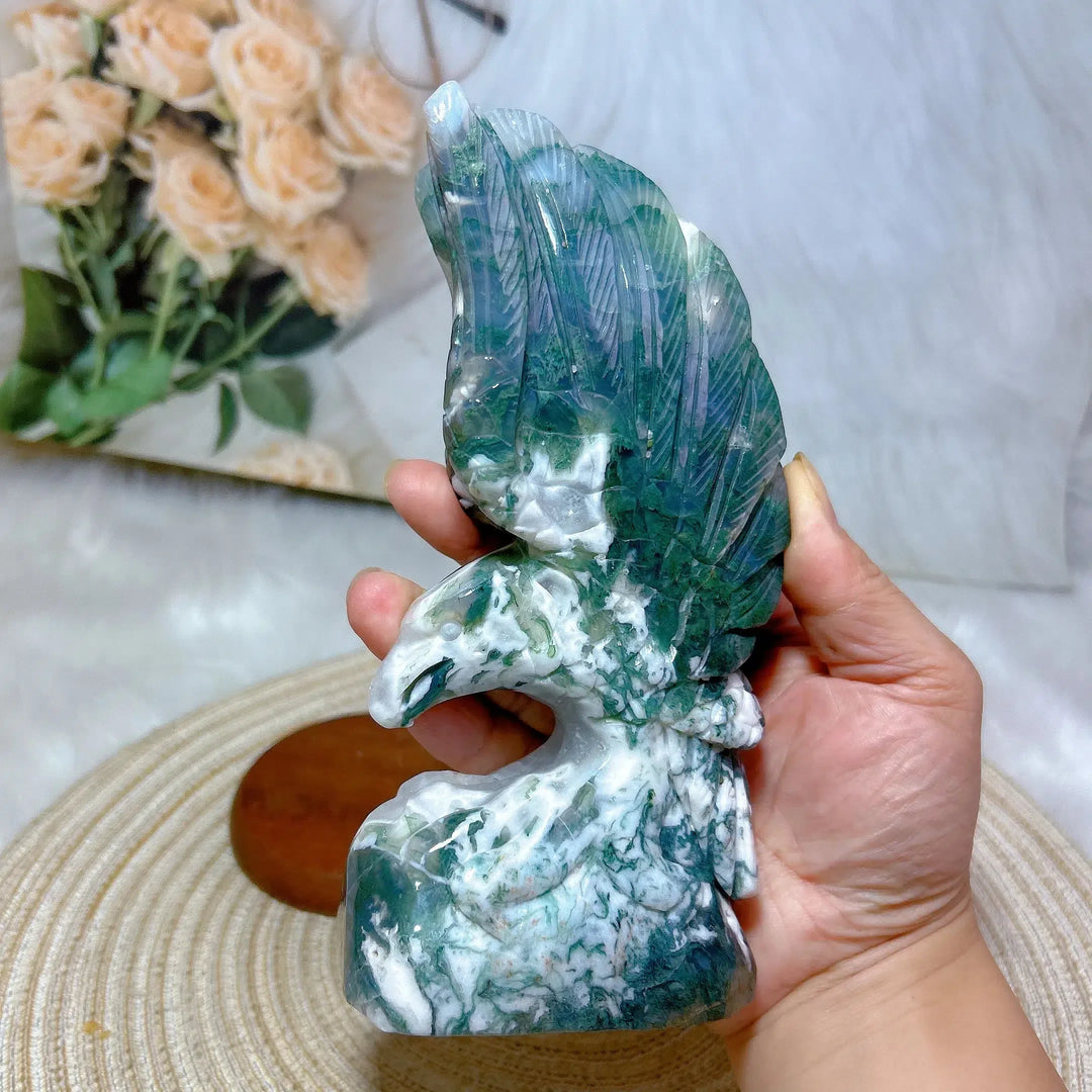 Moss Agate Eagle Carving