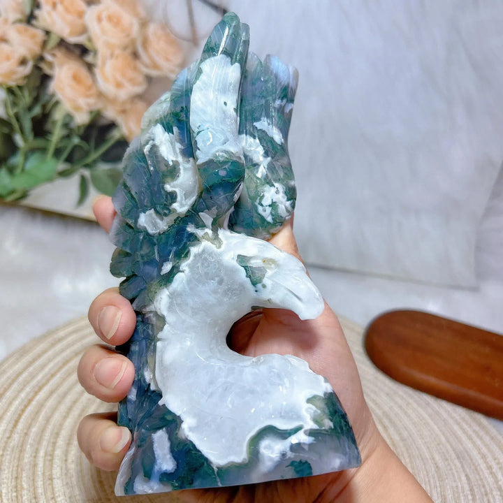 Moss Agate Eagle Carving