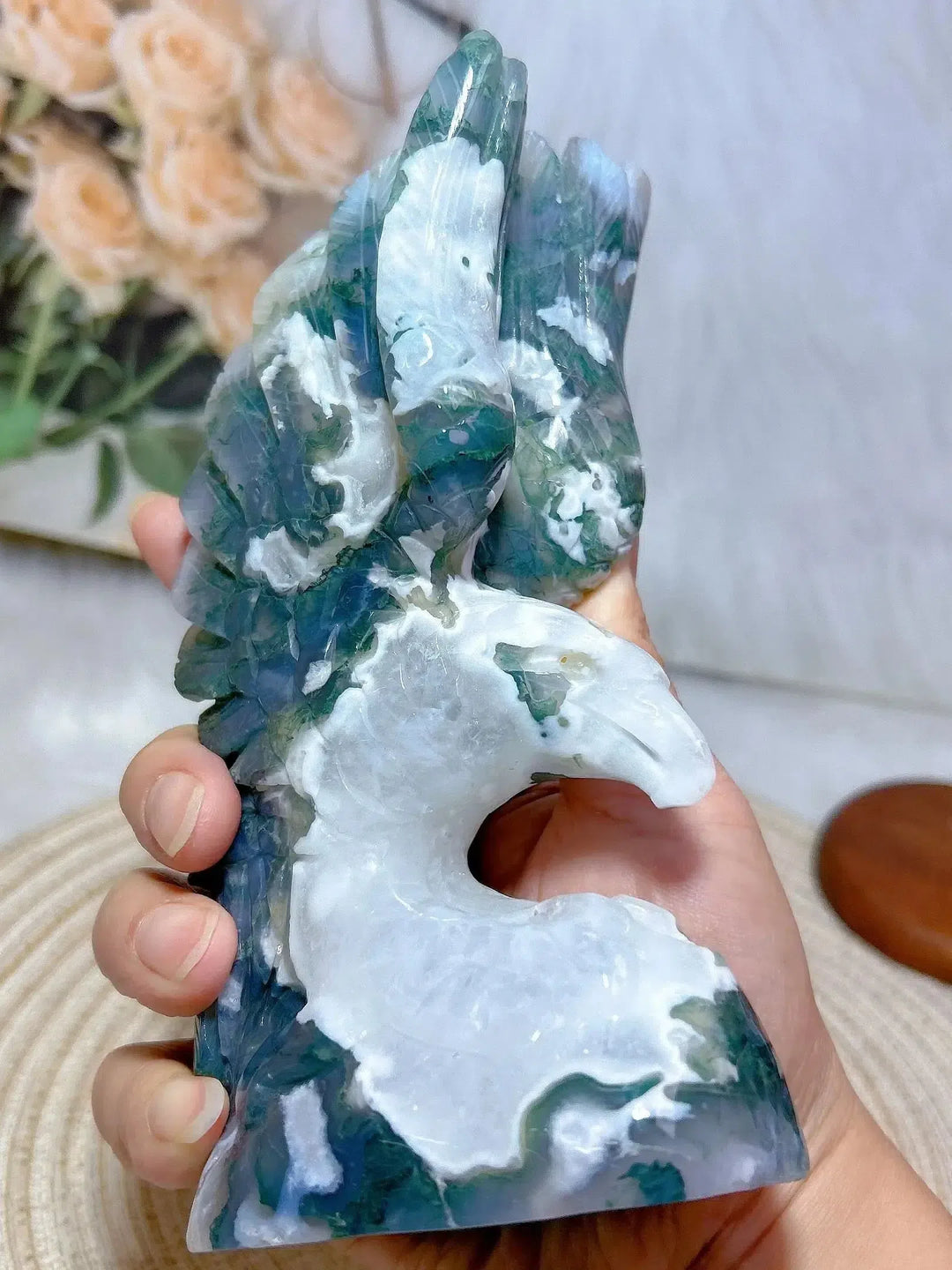 Moss Agate Eagle Carving