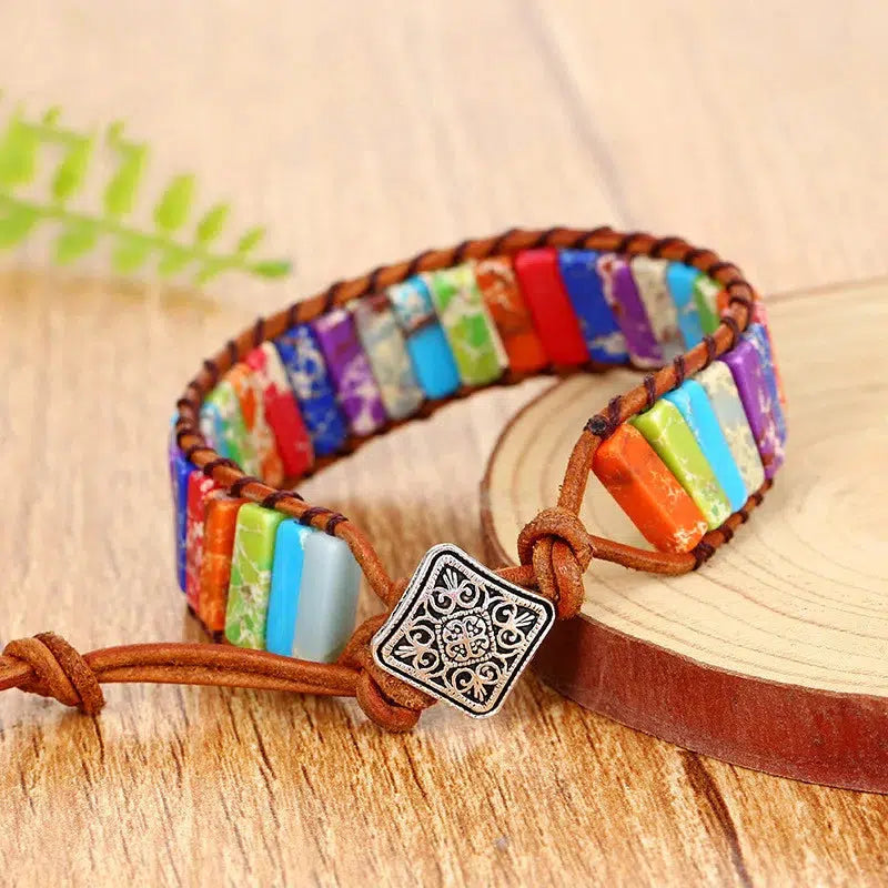 Multicolor Gemstone & Leather Gypsy Beaded Adjustable Bracelet