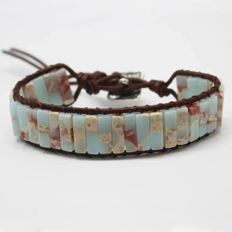 Multicolor Gemstone & Leather Gypsy Beaded Adjustable Bracelet