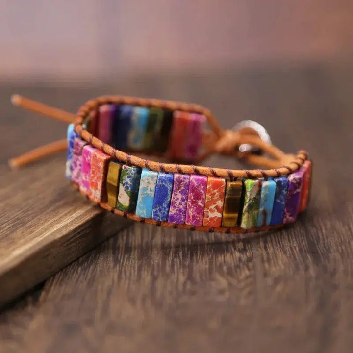 Multicolor Gemstone & Leather Gypsy Beaded Adjustable Bracelet