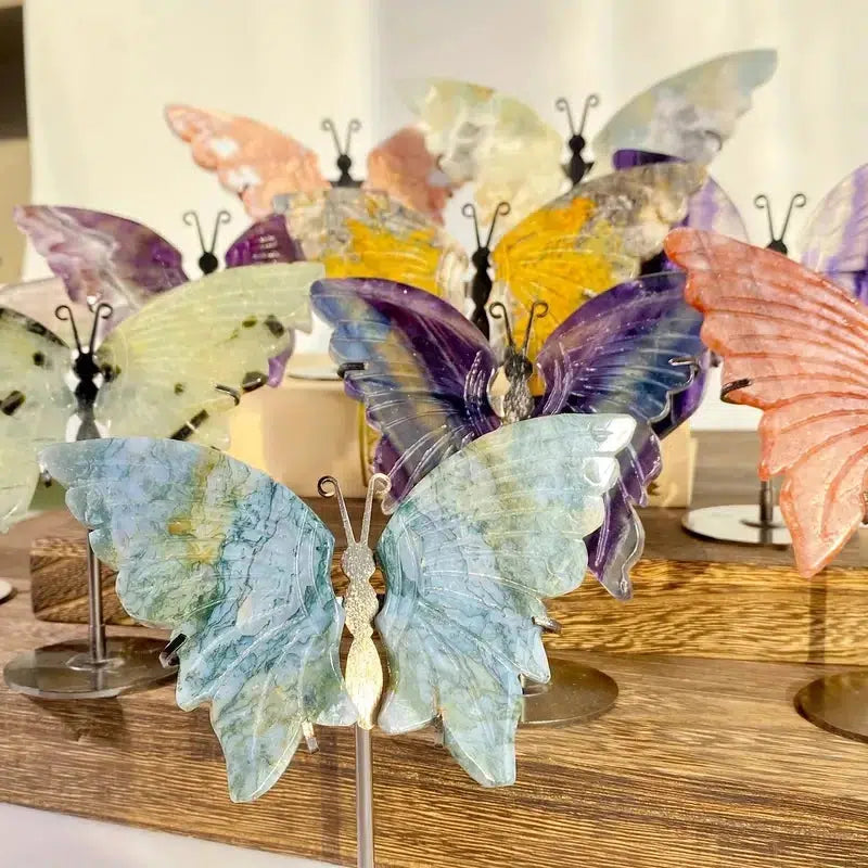 Natural Crystal Butterfly Wings, 4 Materials With Stand 1 Pair