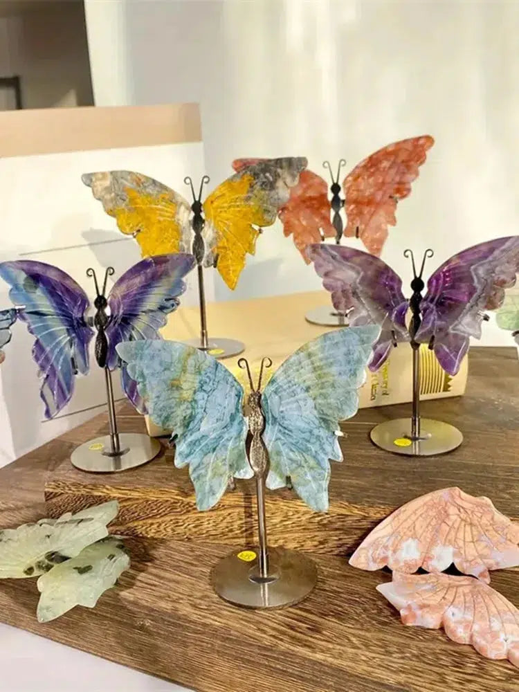 Natural Crystal Butterfly Wings, 4 Materials With Stand 1 Pair