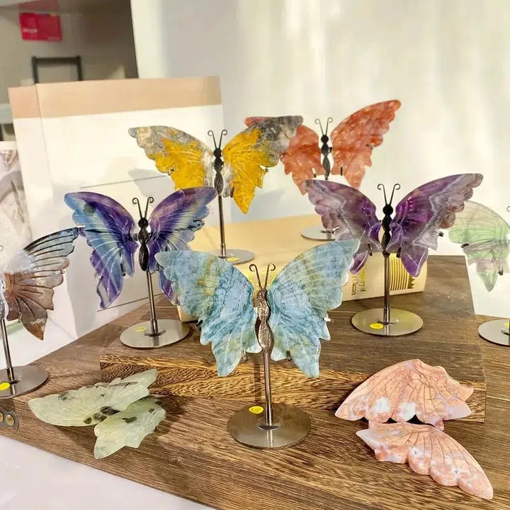 Natural Crystal Butterfly Wings, 4 Materials With Stand 1 Pair