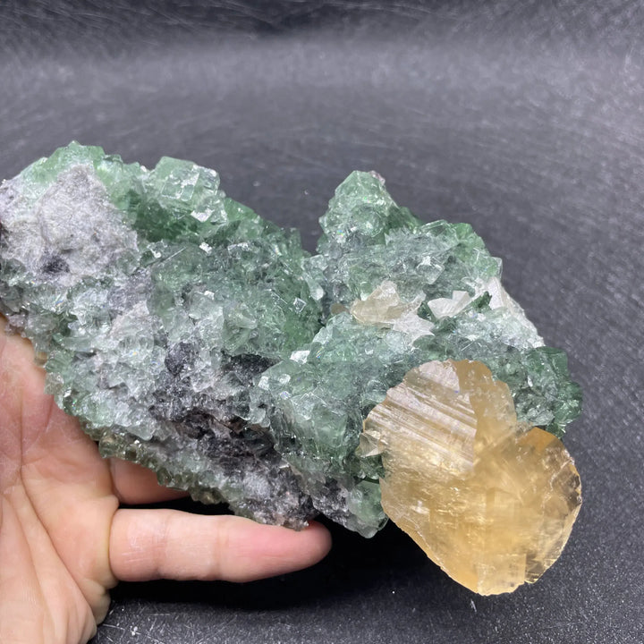 Natural Green Fluorite Cluster with Calcite Flower UV Reactive