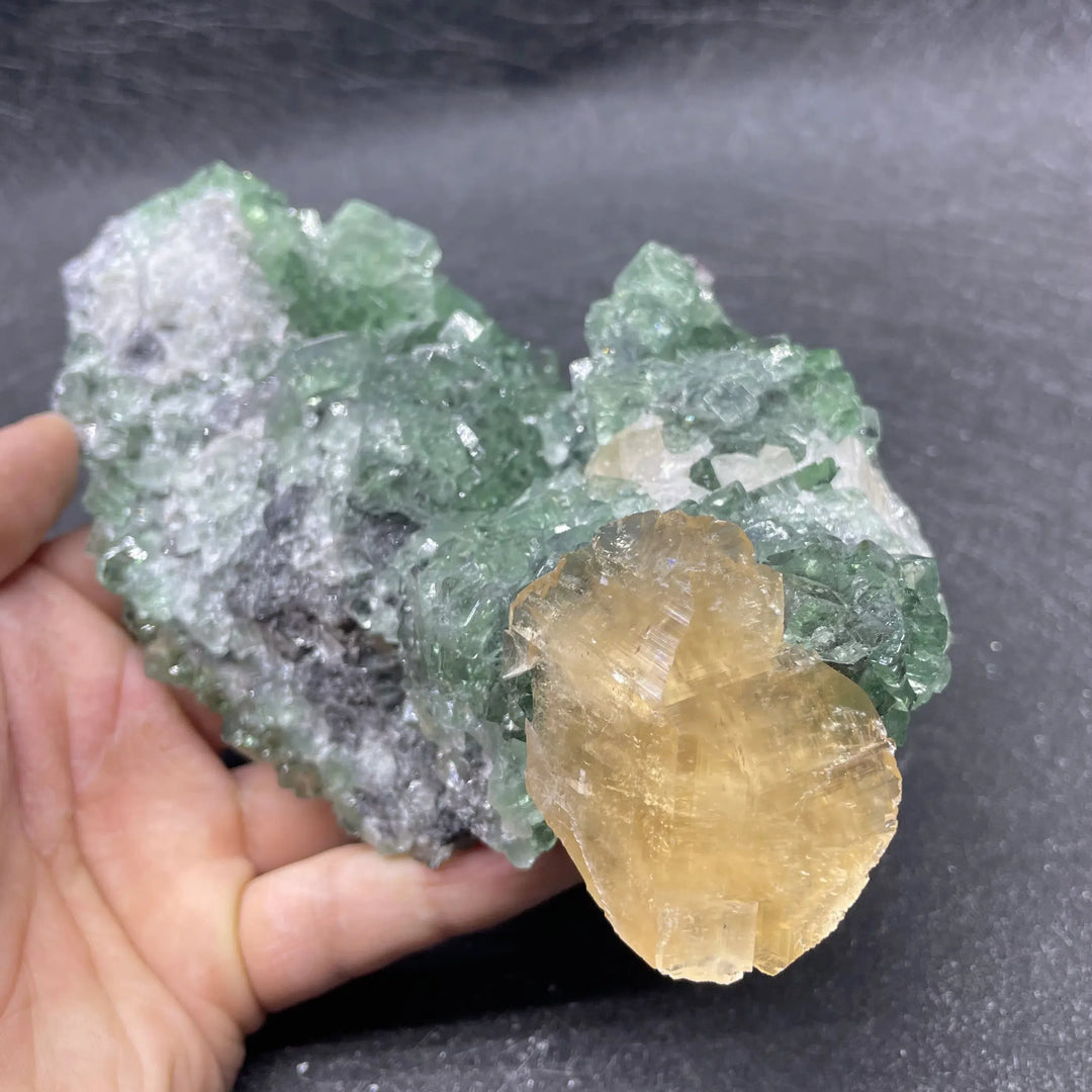 Natural Green Fluorite Cluster with Calcite Flower UV Reactive