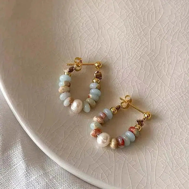 Natural Stone Beaded Pearl Pendant Earrings