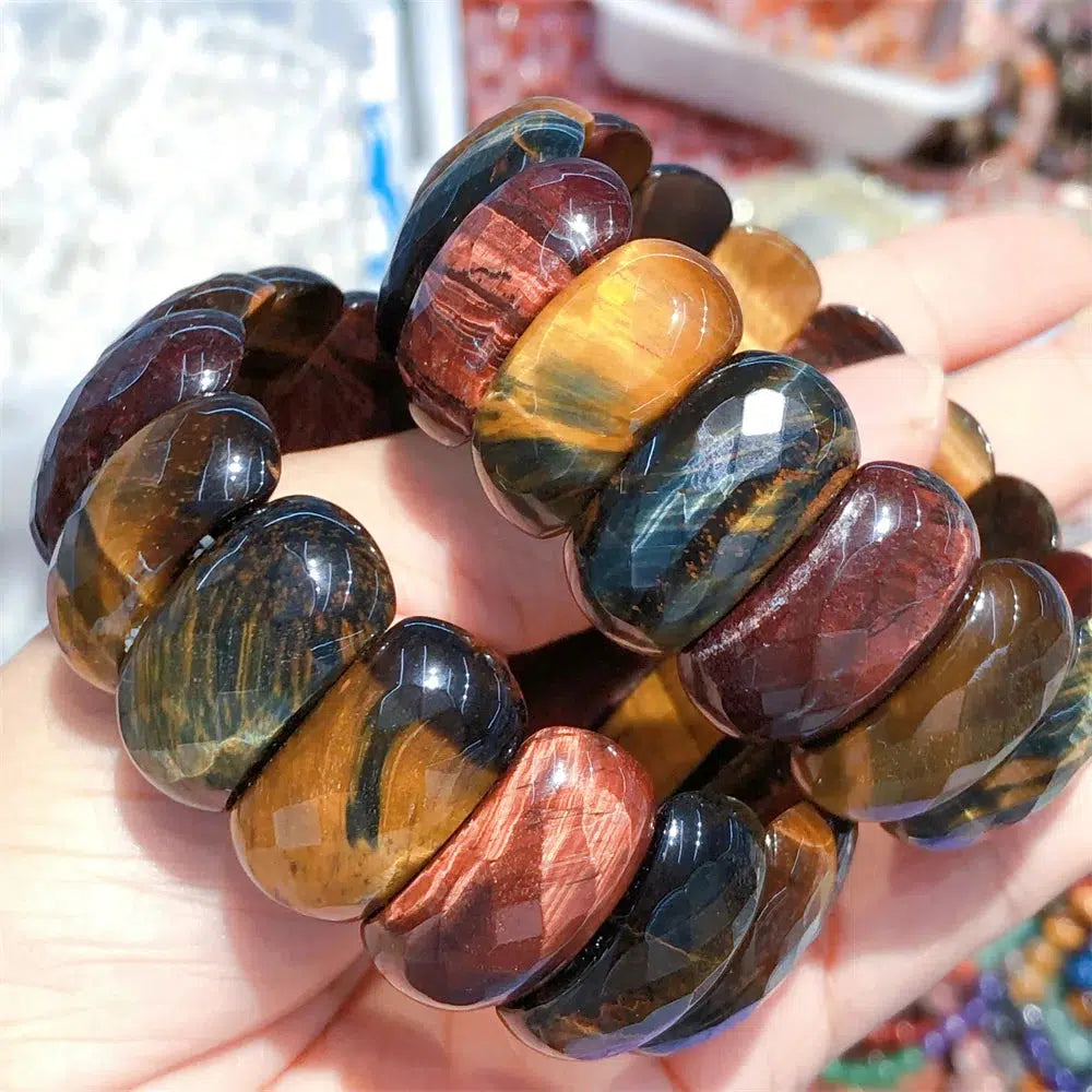 Natural Yellow, Blue, & Red Colorful Tiger Eye Stretch Bracelet