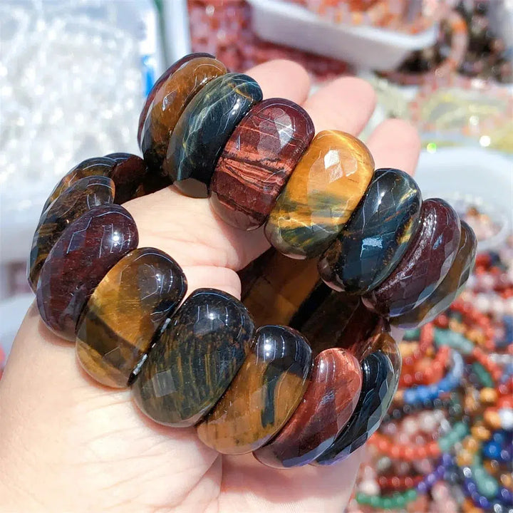 Natural Yellow, Blue, & Red Colorful Tiger Eye Stretch Bracelet