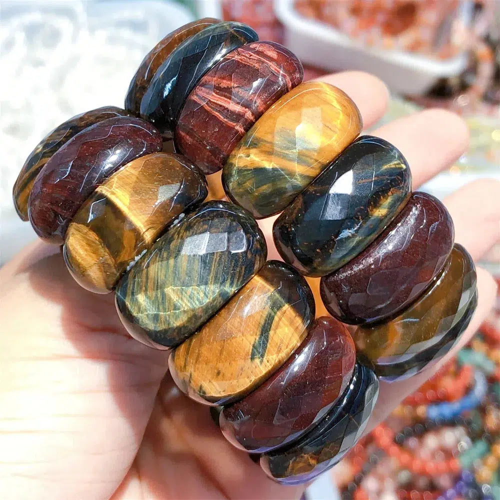 Natural Yellow, Blue, & Red Colorful Tiger Eye Stretch Bracelet