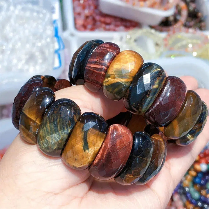 Natural Yellow, Blue, & Red Colorful Tiger Eye Stretch Bracelet