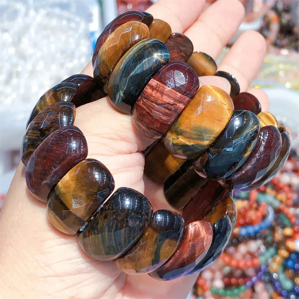 Natural Yellow, Blue, & Red Colorful Tiger Eye Stretch Bracelet