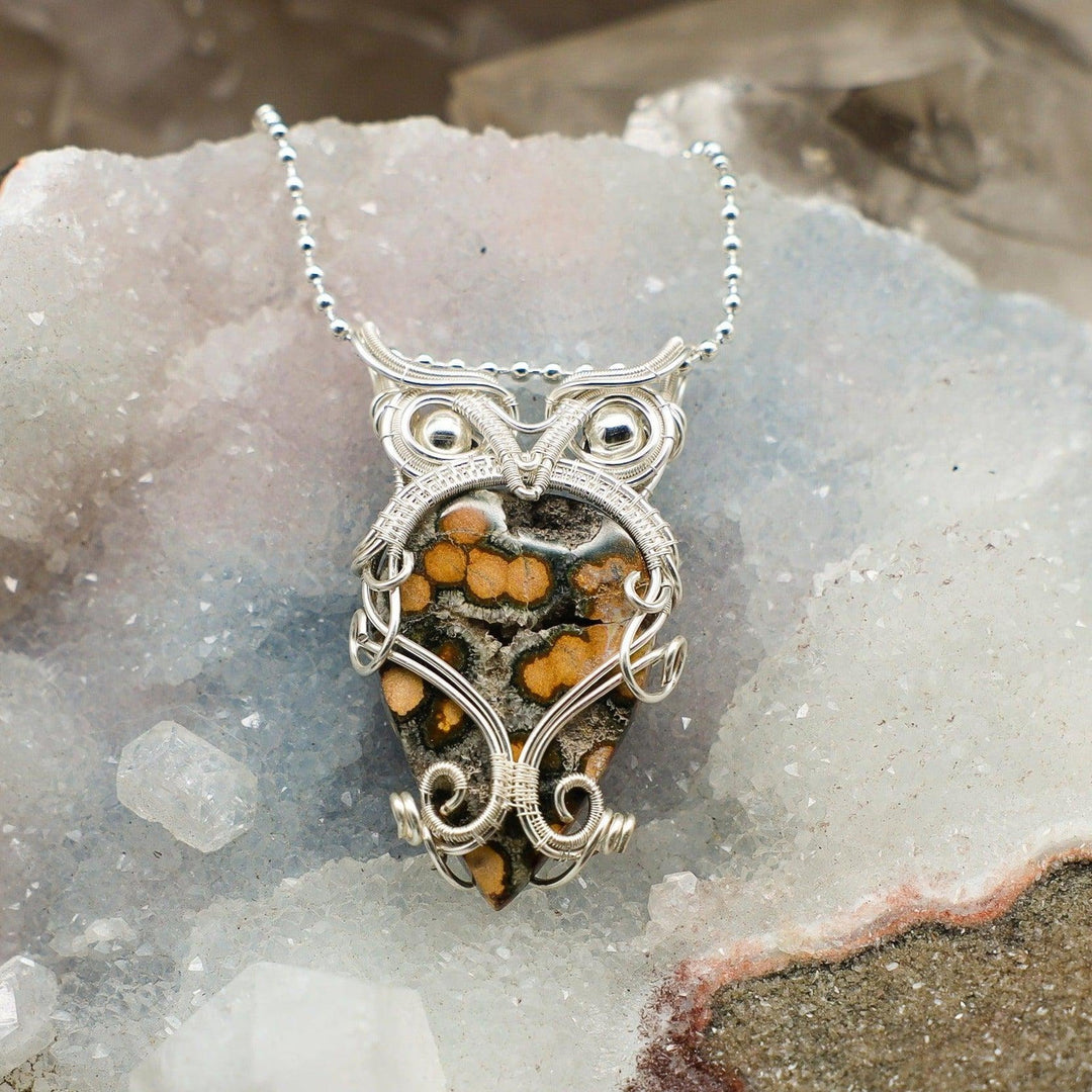 Ocean Jasper Owl Wire Wrap Pendant - 2.25"