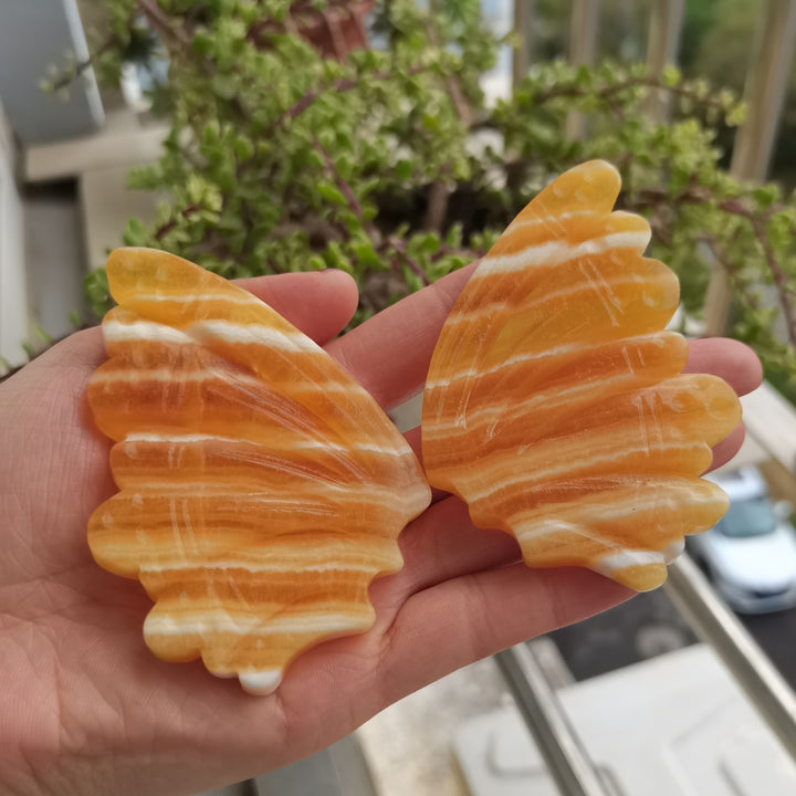 Orange Calcite Hand Carved Butterfly Wings With Stand