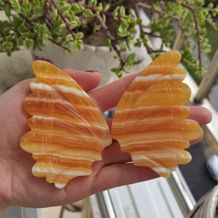 Orange Calcite Hand Carved Butterfly Wings With Stand