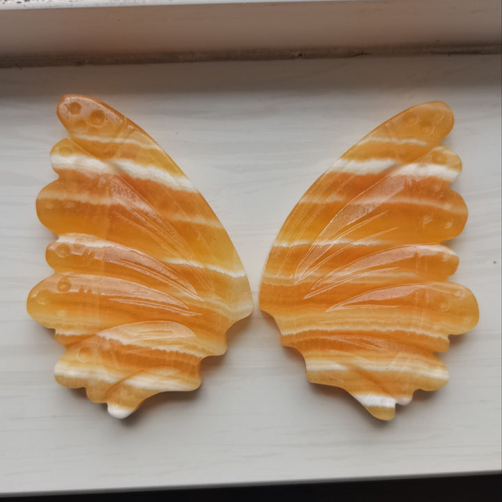 Orange Calcite Hand Carved Butterfly Wings With Stand