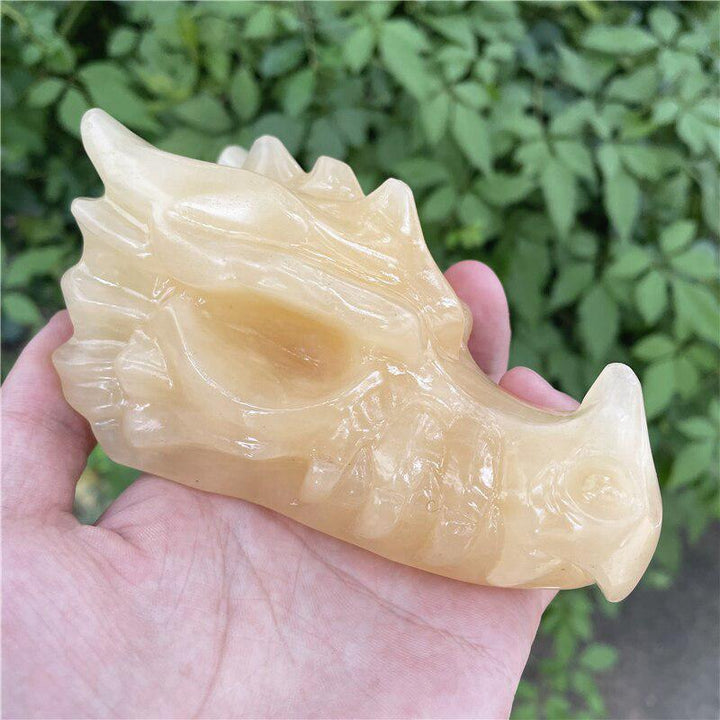 Orange Calcite Handmade Carved Dragon Head Skull 5"