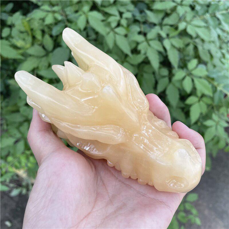 Orange Calcite Handmade Carved Dragon Head Skull 5"