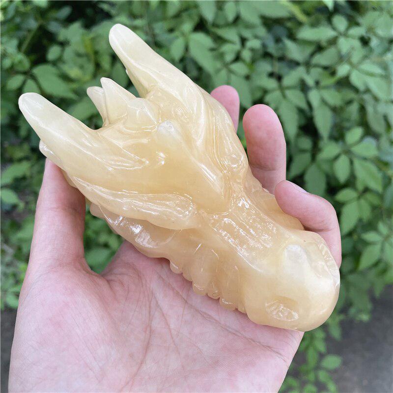 Orange Calcite Handmade Carved Dragon Head Skull 5"