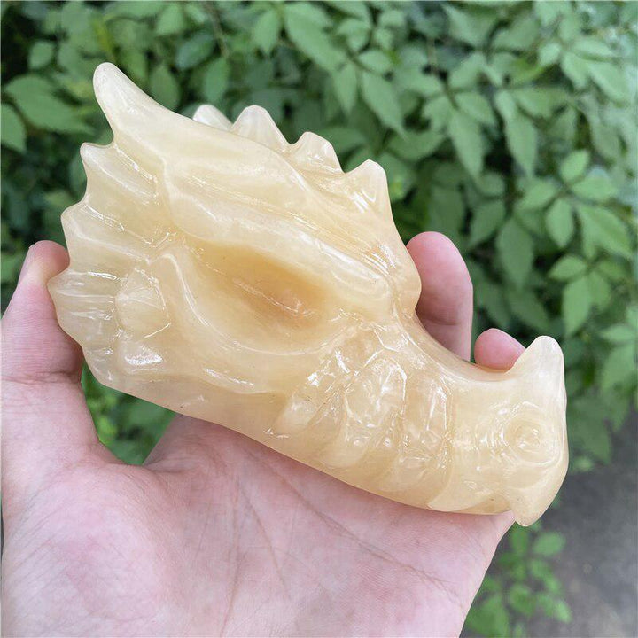 Orange Calcite Handmade Carved Dragon Head Skull 5"